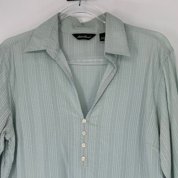 EDDIE BAUER Women’s Long Sleeve Top L Green Textured Cotton Split Neck Button - Picture 3 of 12